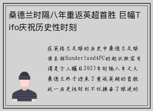 桑德兰时隔八年重返英超首胜 巨幅Tifo庆祝历史性时刻