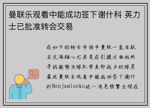 曼联乐观看中能成功签下谢什科 英力士已批准转会交易